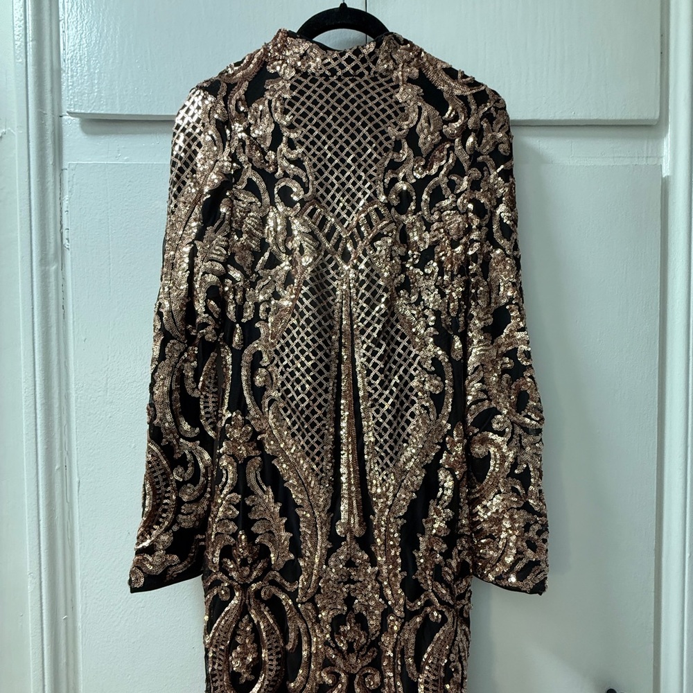 QUIZ Rose Gold Holiday Beaded Longsleeve Mini Dress